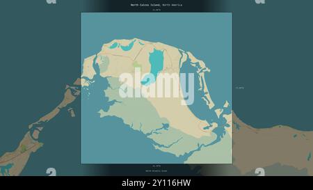 North Caicos Island im Nordatlantik, gehört zu den Turks- und Caicosinseln, beschrieben und hervorgehoben auf einem topographischen OSM Humanitarian s Stockfoto