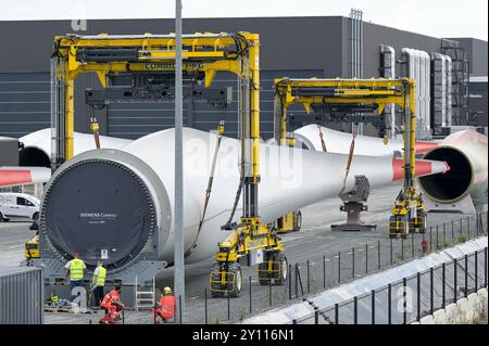 FRANKREICH, Hafen Le Havre, Siemens Gamesa Renewable Energy SGRE Produktionsstandort für Windturbinen, Rotorblattlieferung für den 500 MW Offshore Windpark Fecamp von Electricité de France SA EDF Renewables, Enbridge Inc. Und wpd Stockfoto