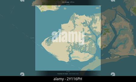 Ilha Orango im Nordatlantik, das zu Guinea-Bissau gehört, beschreibt und markiert auf einer topografischen Karte im humanitären OSM-Stil Stockfoto