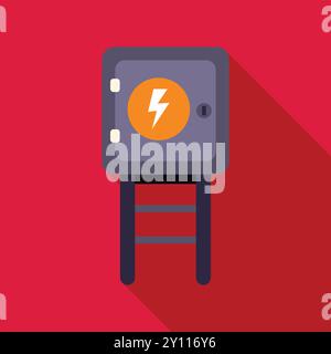 Grauer elektrischer Transformatorkasten mit einem Blitzsymbol auf rotem Hintergrund, der einen langen Schatten wirft Stock Vektor