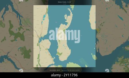 Raasay Island in the Inner Seas vor der Westküste Schottlands, die zum Vereinigten Königreich gehört, beschreibt und markiert auf einem topografischen OSM Humanitar Stockfoto