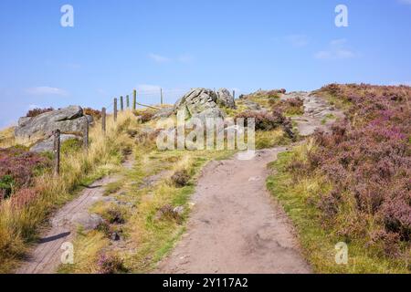 Hathersage Moor Derbyshire UK. Malerischer felsiger Hügel unter einem hellblauen Himmel, umgeben von blühender Heidekraut. Stockfoto