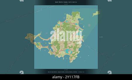 Die Insel Saint Martin in der Karibik, geteilt zwischen den Niederlanden, Frankreich, beschrieben und hervorgehoben auf einer topografischen Karte im humanitären OSM-Stil Stockfoto