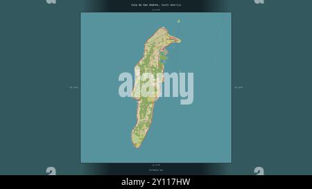 Isla de San Andres in der Karibik, die zu Kolumbien gehört, beschrieben und hervorgehoben auf einer topografischen Karte im humanitären OSM-Stil Stockfoto