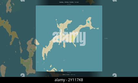 Sanday, Orkney Island in der Nordsee, gehört zum Vereinigten Königreich, beschreibt und markiert auf einer topografischen Karte im humanitären OSM-Stil Stockfoto