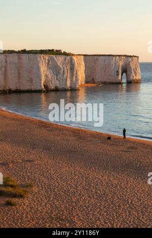 England, Kent, Kingsgate Bay, man and Dog Walking on Beach Stockfoto