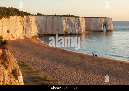 England, Kent, Kingsgate Bay, man and Dog Walking on Beach Stockfoto