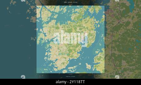 Tjorn Island im Kattegat, das zu Schweden gehört, beschreibt und markiert auf einer topografischen Karte im humanitären OSM-Stil Stockfoto