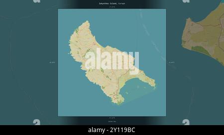 Die Insel Zakynthos im Ionischen Meer, die zu Griechenland gehört, wurde auf einer topografischen Karte im humanitären OSM-Stil beschrieben und hervorgehoben Stockfoto