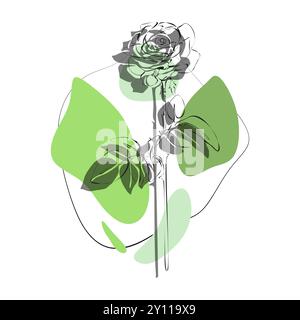 Rose für Logo, Dekoration, Karte. Einladung. Handgezeichnete transparente Linie und Silhouettenhintergrund. Hochzeitsdekoration mit handgezeichneter Linie, elegantes Blatt Stock Vektor