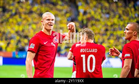 Norwegen Erling Haaland feiert sein Tor während des Spiels in der Nations League zwischen Schweden und Norwegen am 5. Juni 2022 in der Friends Arena in Solna Stockfoto