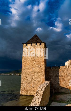 Die imposanten Mauern der Festung Golubac erregen Aufmerksamkeit, da sie widerstandsfähig vor dem Hintergrund der Donau stehen und jahrhundertelange Geschichte bewahren Stockfoto