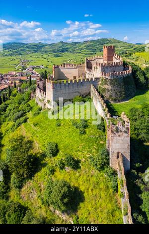 Luftaufnahme der Burg Scaligero von Soave im Sommer. Verona District, Veneto, Italien, Europa. Stockfoto