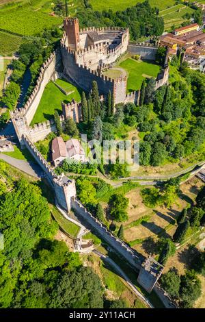 Luftaufnahme der Burg Scaligero von Soave im Sommer. Verona District, Veneto, Italien, Europa. Stockfoto