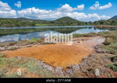 Der Etang de Santa Giulia, eine Lagune an der Küste in der Nähe des Strandes, ein Naturgebiet von ökologischem, faunalem und floristischem Interesse. Porto Vecchio, Corse du Sud, Korsika, Frankreich Stockfoto