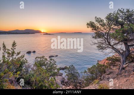 Sonnenaufgang in Plage de La Folaca, zwischen Palombaggia und Santa Giulia. Porto Vecchio, Corse du Sud, Korsika, Frankreich Stockfoto