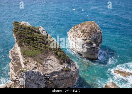 Die Klippen von Bonifacio, mit dem Felsen Le Grain de Sable, Bonifacio, Corse-du-Sud, Korsika, Frankreich Stockfoto