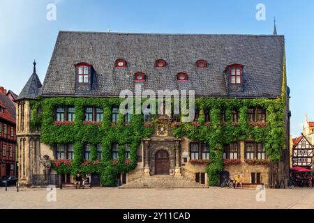 Rathaus, Quedlinburg, Sommer, Pflanzen, Marktplatz, Harz, Sachsen-Anhalt, Deutschland, Europa Stockfoto