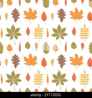 Seamles-Muster mit bunten Herbstblättern auf weißem Hintergrund. Illustration des flachen Vektors Stock Vektor