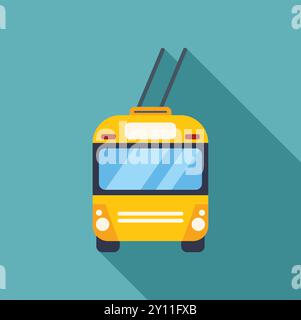 Gelber Trolleybus, der an einem sonnigen Tag mit langem Schatten durch die Stadtstraße fährt Stock Vektor