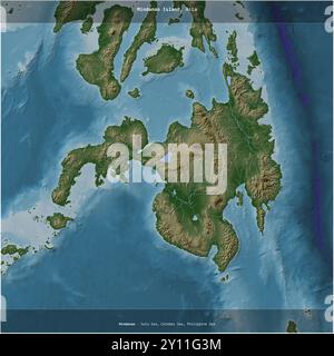 Mindanao Island in der Sulu-See, die zu den Philippinen gehört, wurde auf einer farbigen Höhenkarte quadratisch zugeschnitten Stockfoto