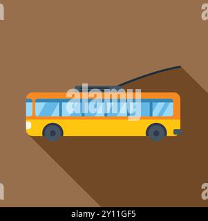 Minimalistische Vektor-Illustration eines elektrischen Trolleybusses, der auf einer Stadtstraße fährt, mit einem langen Schatteneffekt Stock Vektor