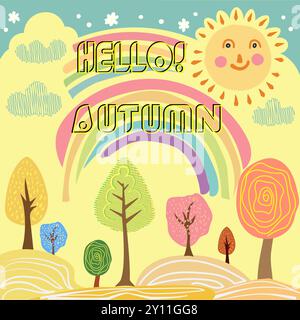 Dieses lebendige Bild fängt das Wesen des Herbstes in einer verspielten und farbenfrohen Illustration ein. Es zeigt eine skurrile Szene mit stilisierten Bäumen in va Stock Vektor