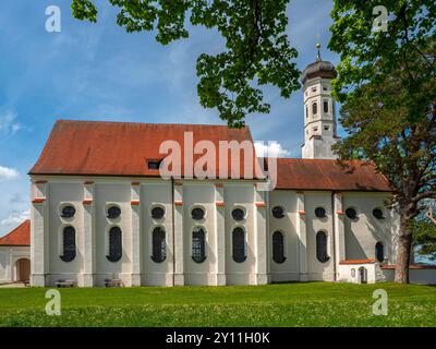 Barocke Wallfahrtskirche St. Coloman bei Schwangau bei Füssen im Ostallgäu, romantische Straße, Schwangau, Schwaben, Bayerische Alpen, Allgäu, Schwaben, Tannheimer Berge, Bayern, Deutschland Stockfoto