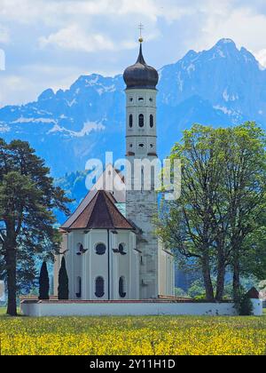Barocke Wallfahrtskirche St. Coloman bei Schwangau bei Füssen im Ostallgäu, romantische Straße, Schwangau, Schwaben, Bayerische Alpen, Allgäu, Schwaben, Tannheimer Berge, Bayern, Deutschland Stockfoto