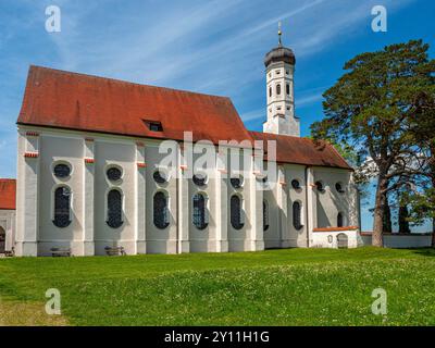 Barocke Wallfahrtskirche St. Coloman bei Schwangau bei Füssen im Ostallgäu, romantische Straße, Schwangau, Schwaben, Bayerische Alpen, Allgäu, Schwaben, Tannheimer Berge, Bayern, Deutschland Stockfoto