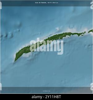 Isla de Roatan in der Karibik, die zu Honduras gehört, wurde auf einer farbigen Höhenkarte quadratisch zugeschnitten Stockfoto