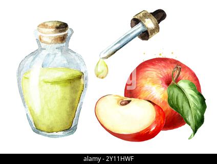 Ätherisches Apfelöl Set. Handgezeichnete Aquarellillustration, isoliert auf weißem Hintergrund Stockfoto