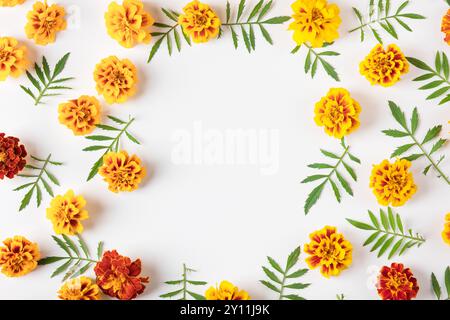 Kreatives Layout aus Blumen und Ringelblumen auf weißem Tisch. Grußkarte mit Blumenmuster. Farbenfroher Herbstblumenhintergrund mit Platz für Text. Naturkonzept. Flache Lagen. Stockfoto