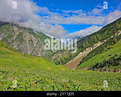 Aufstieg von Madau zur Memminger Hütte (2242m), Lechtaler Alpen, Tirol, Österreich, Weitwanderweg E5, Alpenüberquerung von Oberstdorf nach Meran Stockfoto