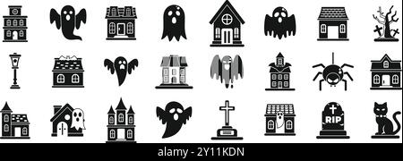 Symbole für das Spukhaus gesetzt. Halloween Ghost House Black Glyph Set Symbol, enthält gruselige, gespenstische, gespenstische Haus, Geist, Friedhof und andere halloween-Elemente im Glyphen-Stil Stock Vektor