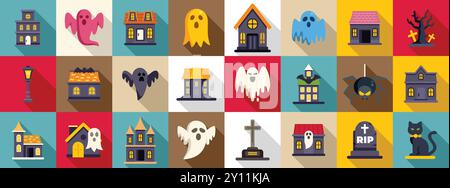 Symbole für das Spukhaus gesetzt. Machen Sie sich bereit für halloween mit diesem gruseligen Symbol-Set mit Spukhäusern, gruseligen Geistern und anderen halloween-Elementen Stock Vektor