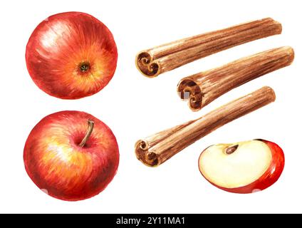 Rote Äpfel und Zimtstangen Set. Handgezeichnete Aquarellillustration, isoliert auf weißem Hintergrund Stockfoto