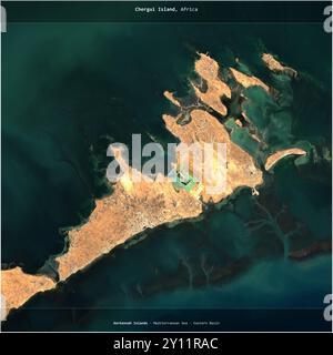 Chergui Island im Mittelmeer – Ostbecken, das zu Tunesien gehört, wurde auf einem Satellitenbild vom 11. Dezember 2023 quadratisch zugeschnitten Stockfoto
