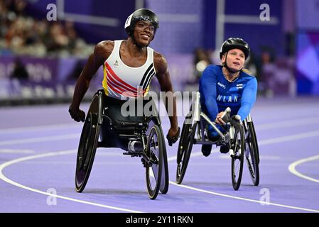 Paris, Frankreich. September 2024. Die belgische Lea Bayekula gewinnt am 8. Tag der Paralympischen Sommerspiele 2024 in Paris am Mittwoch, 4. September 2024, das Finale der Frauen mit 100 m in der Paralympischen Paralympischen Paralympischen Paralympischen Sommerspiele. Die 17. Paralympics finden vom 28. August bis 8. September 2024 in Paris statt. BELGA FOTO LAURIE DIEFFEMBACQ Credit: Belga News Agency/Alamy Live News Stockfoto