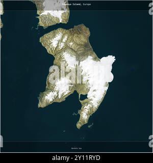 Die Insel Edgeya in der Barentssee, die zu Norwegen gehört, wurde auf einem Satellitenbild vom 27. Juli 2019 quadratisch zugeschnitten Stockfoto