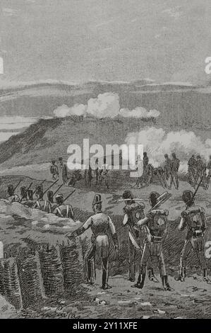 Krieg Auf Der Halbinsel (1818-1814). Navarra. Belagerung von Pamplona (25. Juni bis 31. Oktober 1813). Die französische Garnison von Pamplona unter dem Kommando von General Cassan ergab sich an Karl von Spanien (1775–1839), einen französischen Feldmarschall im Dienste Spaniens. Die französischen Truppen wurden gefangen genommen. Illustration von Serra Pausas. „Glorias Españolas“ (Glorias von Spanien). Band IV. Veröffentlicht in Barcelona, 1890. Stockfoto