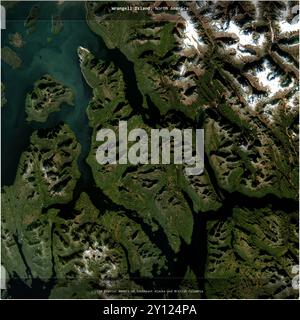 Wrangell Island in den Küstengewässern von Südost-Alaska und British Columbia, die zu den Vereinigten Staaten gehören, wurde auf einem Satellitenbild quadratisch zugeschnitten Stockfoto