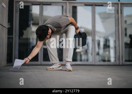 Geschäftsmann, der Dokumente vor dem Bürogebäude in der Stadt abholte Stockfoto