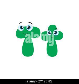 Süßer grüner Buchstabe T mit Augen. Niedliche ABC-Alphabet-Flash-Karte für Kinder mit dem Buchstaben T für Kinder, die englische Vokabeln lernen. Abbildung: Funn Stock Vektor