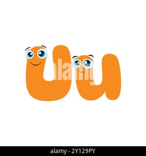 Orangefarbener Buchstabe U Cartoon mit niedlichen Augen. Illustration eines lustigen Zeichentrickbuchstaben für den Unterricht. Niedliches ABC-Alphabet für Kinder Stock Vektor
