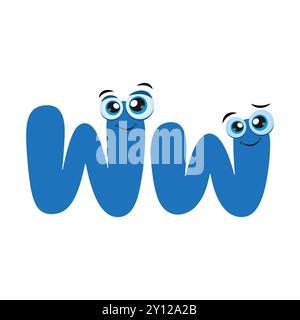 Ein farbenfrohes Alphabet für Kinder. Lustiger Buchstabe W mit Augen. Niedlicher blauer Buchstabe W Cartoonfigur mit niedlichen Augen. Niedliche Kinder ABC Alphabet Flash Card Wit Stock Vektor