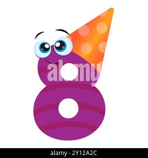 Einladung zum achten Geburtstag mit niedlichem lila Nummer acht im Geburtstagshut. Happy Birthday Card im Flat Cartoon Style. Vektorabbildung. Stock Vektor