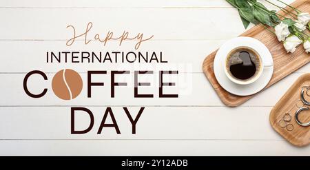 Banner für Happy International Coffee Day mit heißem gebrautem Getränk in einer Tasse mit Blumen und Schmuck Stockfoto