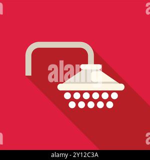 Duschkopf, der Wassertropfen mit langem Schatten auf rotem Hintergrund sprüht, einfache flache Vektorillustration Stock Vektor