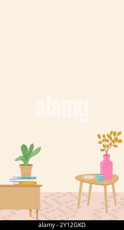 Gemütlicher Hintergrund im Hygge-Innenraum. Stories-Vorlage im flachen Cartoon-Stil. Stock Vektor